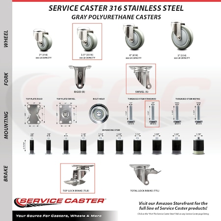 Service Caster 3.5 Inch 316SS Gray Polyurethane Swivel 3/8 Inch Stem Caster with Brake SCC SCC-SS316TS20S3514-PPUB-TLB-381615